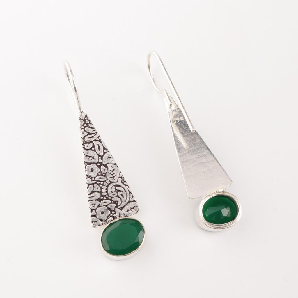 Natürlicher Grüner Onyx Edelstein 925 Sterling Silber Schmuck Handgefertigte Ohrringe 1,9" EE-165-17