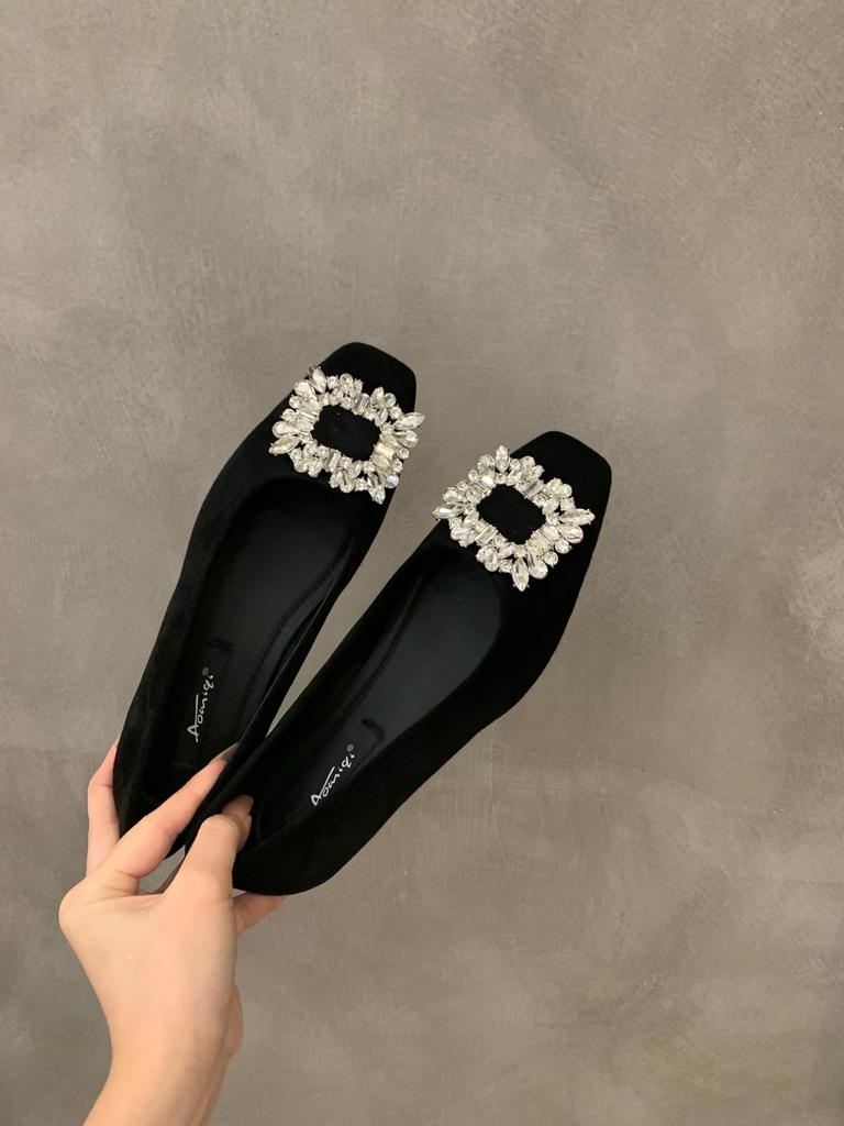 Fashion Flat Shoes for Women 2025 Spring and Autumn Silver Square Head Diamond Black Plus Size Casual Women's Shoes