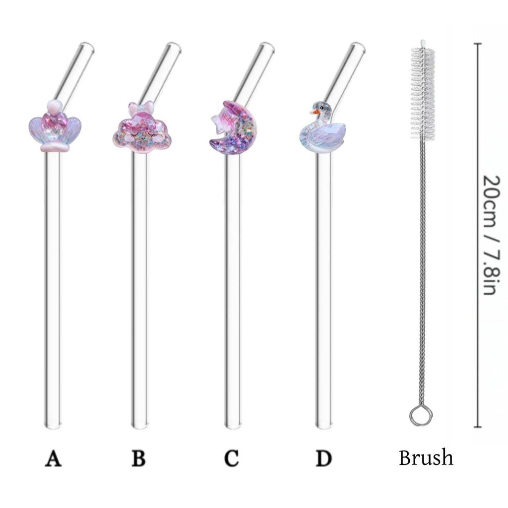 1/5pcs Reusable Handmade Glass Straws, Dream Swan/moon/cloud Glitter Decorations, Cold Drinks/pearl Tea/coffee/juice/Smoothie