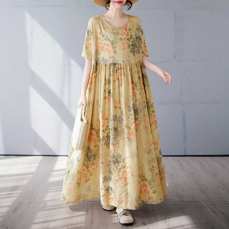 Simple and Fashionable Long Skirt Summer Short Sleeved Round Neck Printed Dress