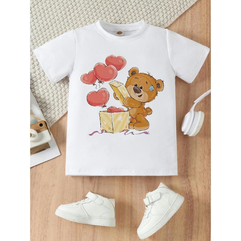 European Size Girls Round-neck Short-sleeved T-shirt with Teddy Bear and Heart Balloon Pattern Print
