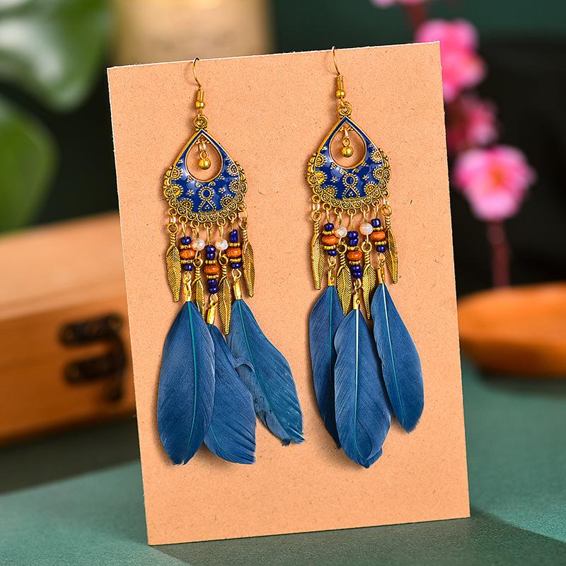

Bohemian Long Feather Drop Dangle Earrings For Women Beaded Handmade Carved Heart Enameled Earrings Boho Vintage Indian Zircon темно-синього кольору