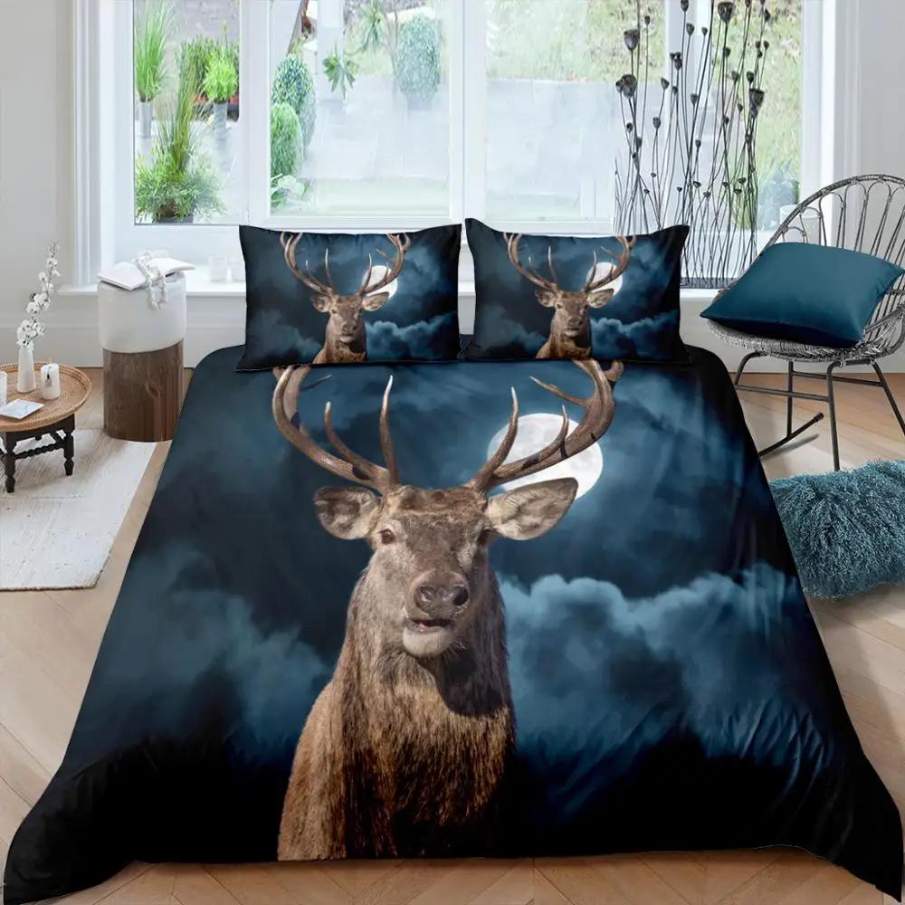 Christmas Deer King Queen Duvet Cover Animal Elk Bedding Set 2/3pcs for Kids Teens Adults Blue Soft Quilt Cover with Pillowcase