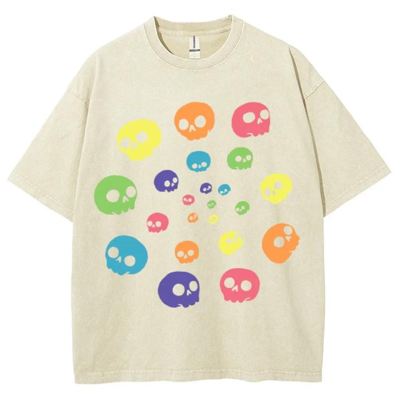 Cute Funny Style Colorful Skull Print Women's T-Shirt Round Neck Loose Oversized Short Sleeve Fashion Design Vintage Top Tee