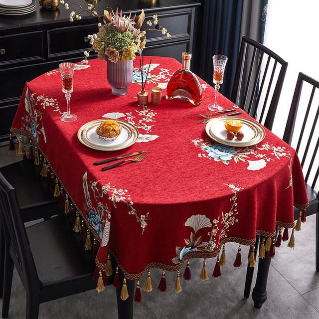 

Ретро красная кисточка овальная скатерть свадебное украшение жаккард обеденный журнальный столик крышка вечеринка мероприятия 3d цветочная скатерть роскошь 110x170cm-Oval