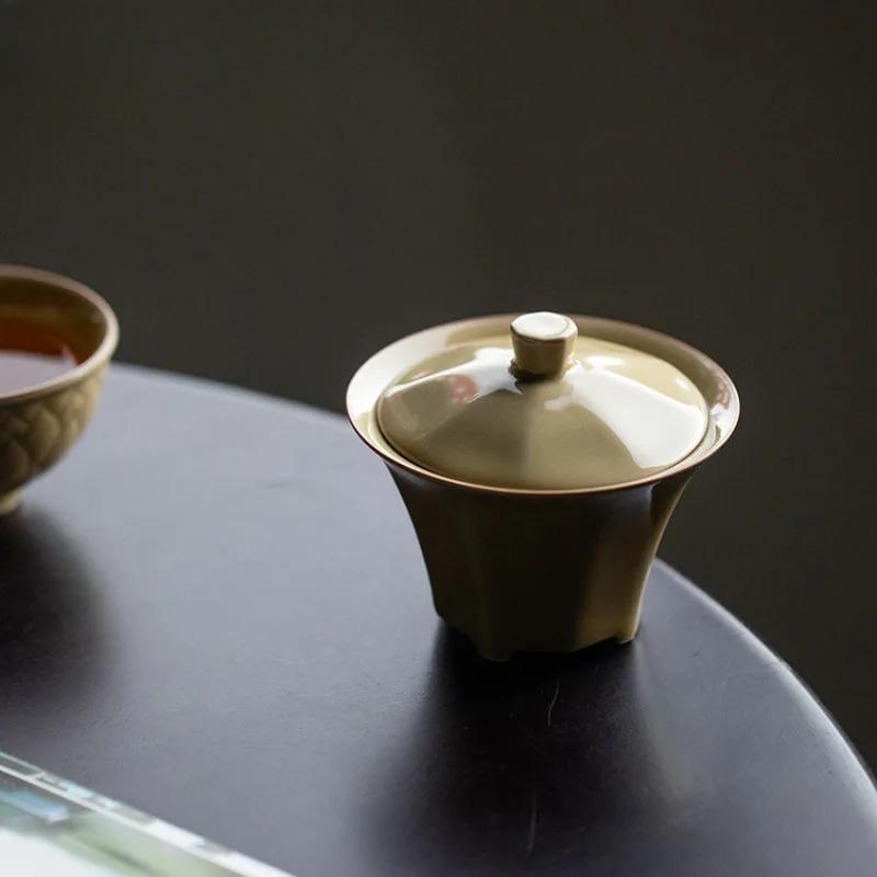 125ml Ding Kiln Yellow Eight Square Thin Tire Gaiwan Vintage Tea Tureen Tea Bowl With Lid Kit Tea Brewing Cover Bowl Teaware