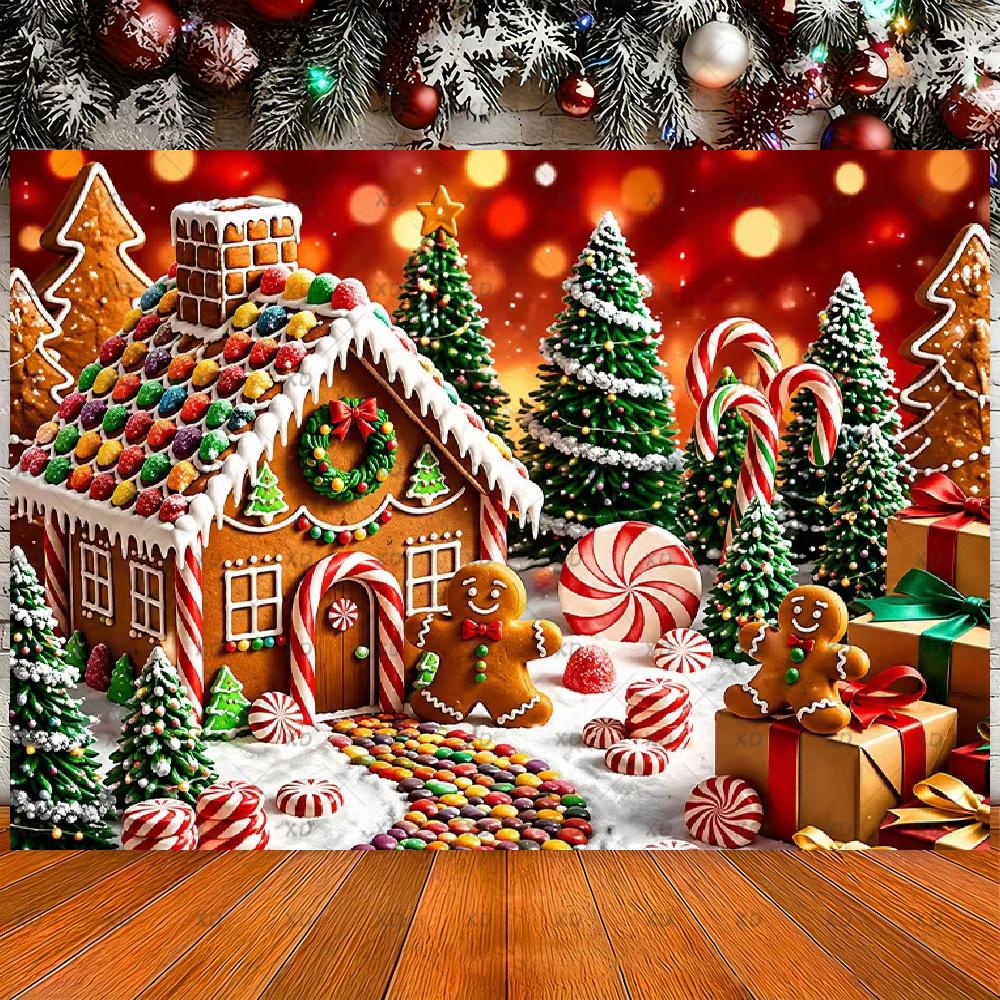 Merry Christmas, gingerbread house backdrop, candy world photography backdrop, Christmas party decoration, photo banner4735