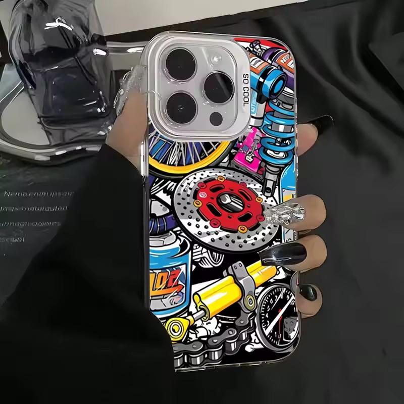 Mechanical Gear Pattern Electroplate Silver IMD Phone Case For iPhone 11 12 13 14 15 16 Pro Max 16E 7 8 Plus X XS XR SE2 Cover