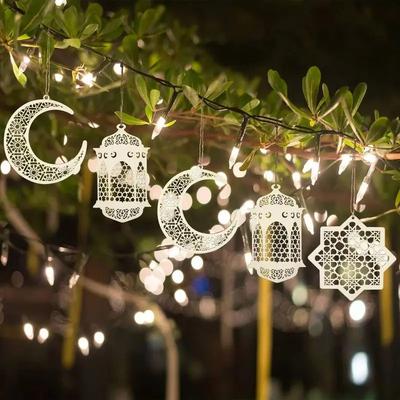 3 PCS Ramadan Hollow Wooden Pendant - Moon Star Wind Light Shape Ornament, Happy Eid Hanging Sign, Festival Decoration