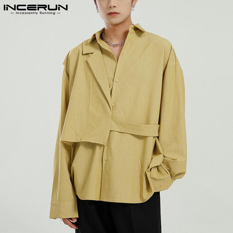

INCERUN весенние тонкие мужские модные хлопковые топы свободные повседневные однотонные рубашки нестандартной формы плюс размер