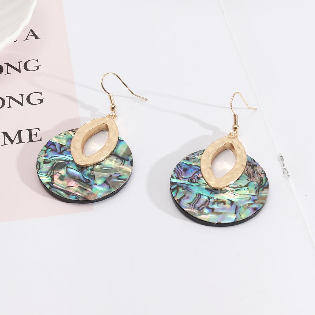 European and American Style Jewelry, Leather Inlaid with Round Personalized Retro Abalone Shell Exquisite Earrings