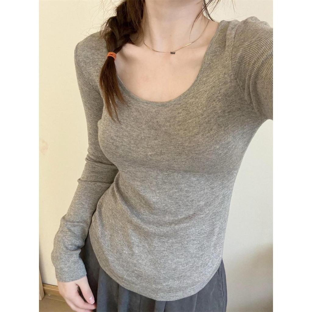 French Chic: Low Neck Knitted Tops for Women - 2025 Spring/Summer Long Sleeve Clavicle Sweater