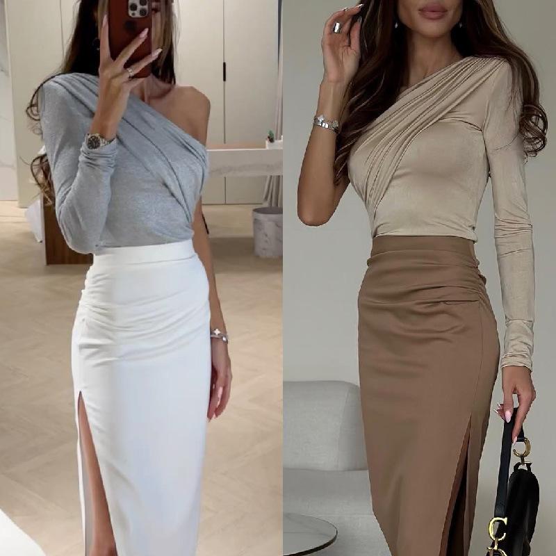 2024 Spring/Autumn One-Shoulder Long-Sleeve Elastic T-Shirt