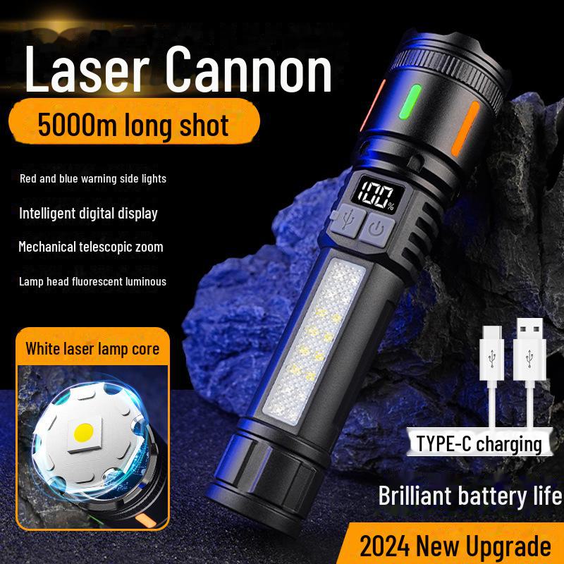 Type-C Rechargeable Flashlight with Side Light & COB Warning for Outdoor Use