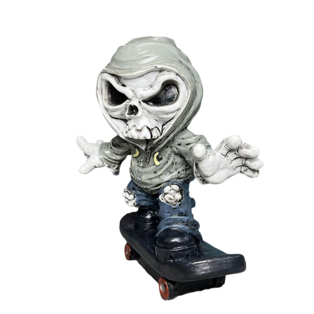 Scary Resins Skeleton Sculpture Funny Skateboarding Skull Figurine Ornament for Halloween Party Desktop Decoration