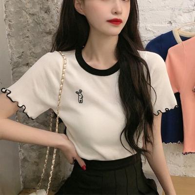 Embroidered Rabbit Short-sleeved T-shirt for Women Summer New Style Retro Contrast Color Slimming Japanese Girl Top