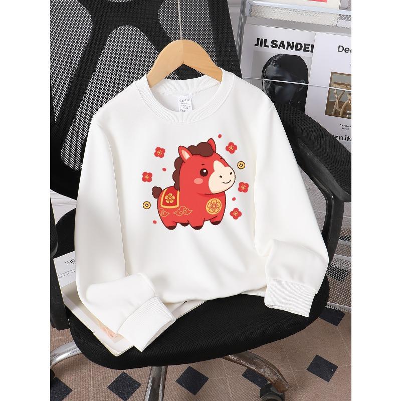 Kids Sweatshirt Crewneck Sweatshirt Red Horse with Golden Flowers And Clouds Machine Washable, Spring And Autumn