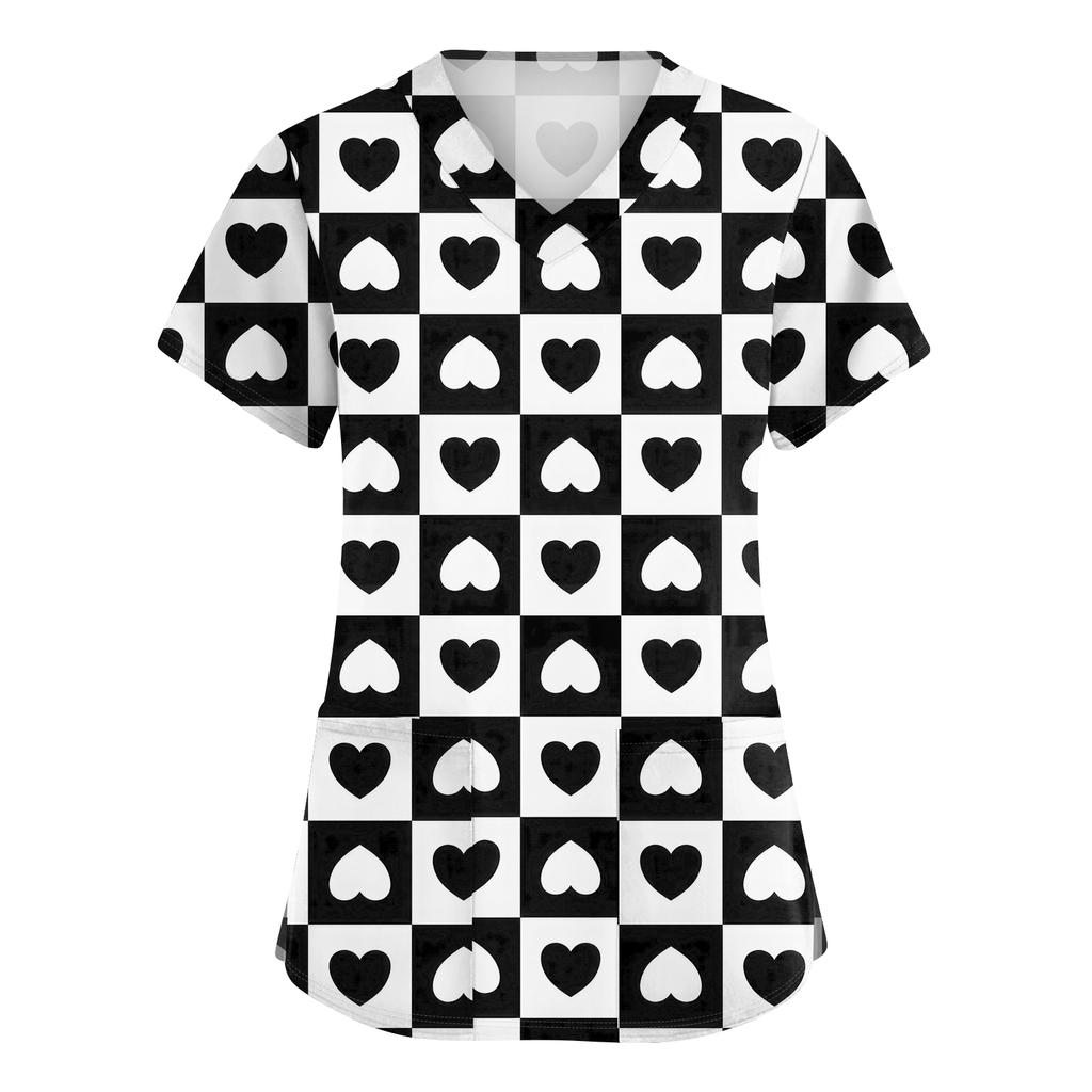 Women's Cute Bow Printed Work Clothes V,neck Double Layer Pockets Basic Short Sleeve Top Pullover