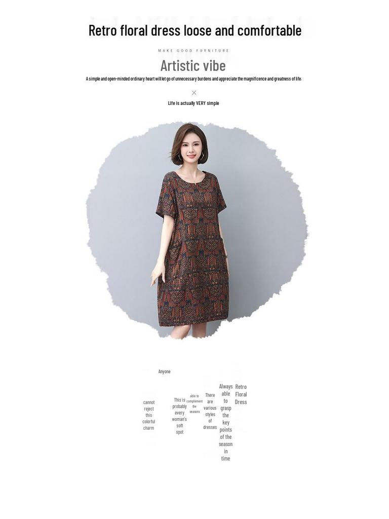 Summer 2025 Retro Print Cotton Linen Dress - Loose Fit for Middle-Aged and Elderly Women