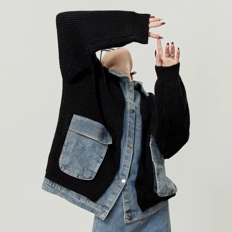 Dimanaf 2025 Autumn Jacket Women Sweaters Coat Black Patchwork Wadded Coat Cardigan Knitting Pockets Sweater