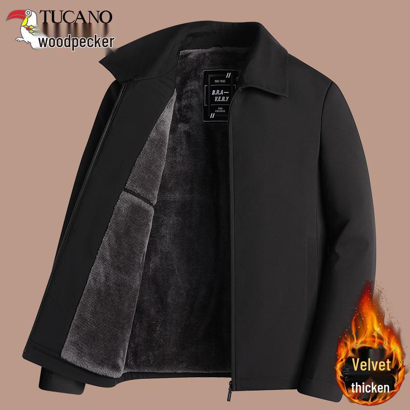 Woodpecker Men s Autumn/Winter Fleece-Lined Cotton Jacket - Warm, Thickened Coat with Lapel for Dad/Grandfather 185 (fit 130-150 jin)