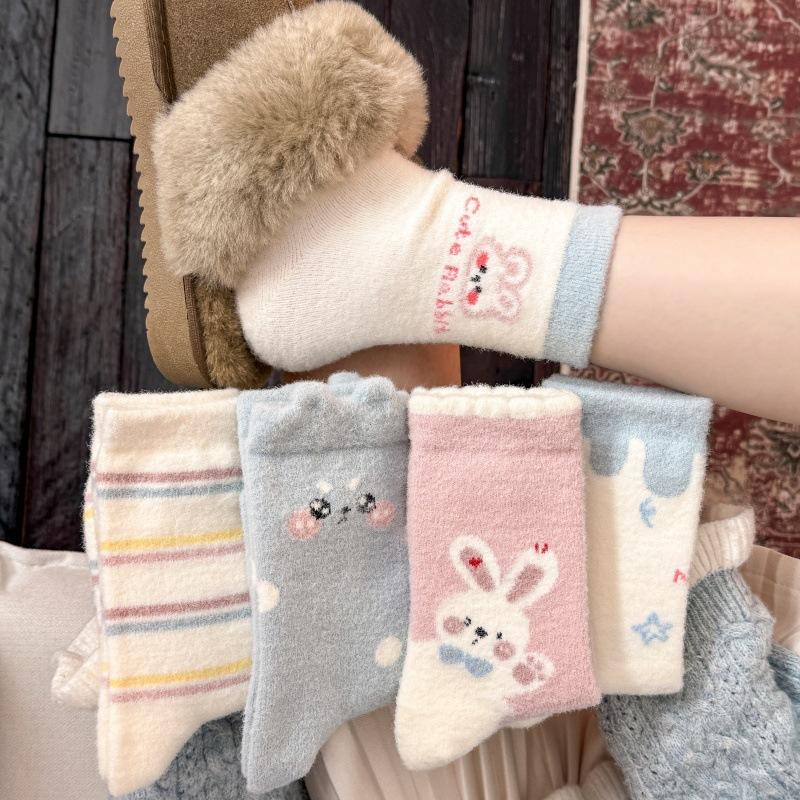 Rabbit Home Cute Girl'S Australian Velvet Socks Sweet Pink Mid-Leg Socks Indoor Versatile Warmth