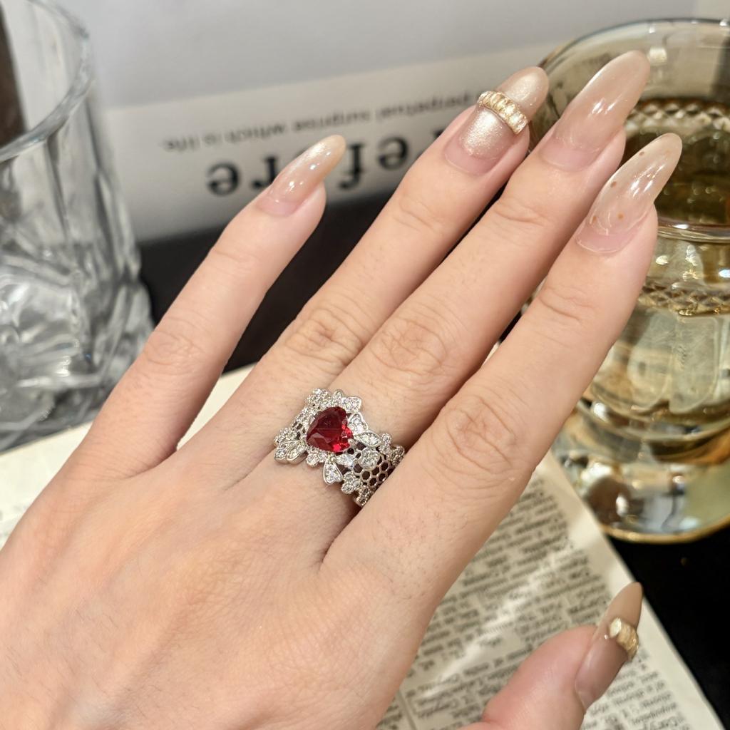 Light Luxury Delicate Pigeon Blood Ruby Ring Hollow Circumference Zircon Niche Personality Fashion Celebrity White Index Finger Ring