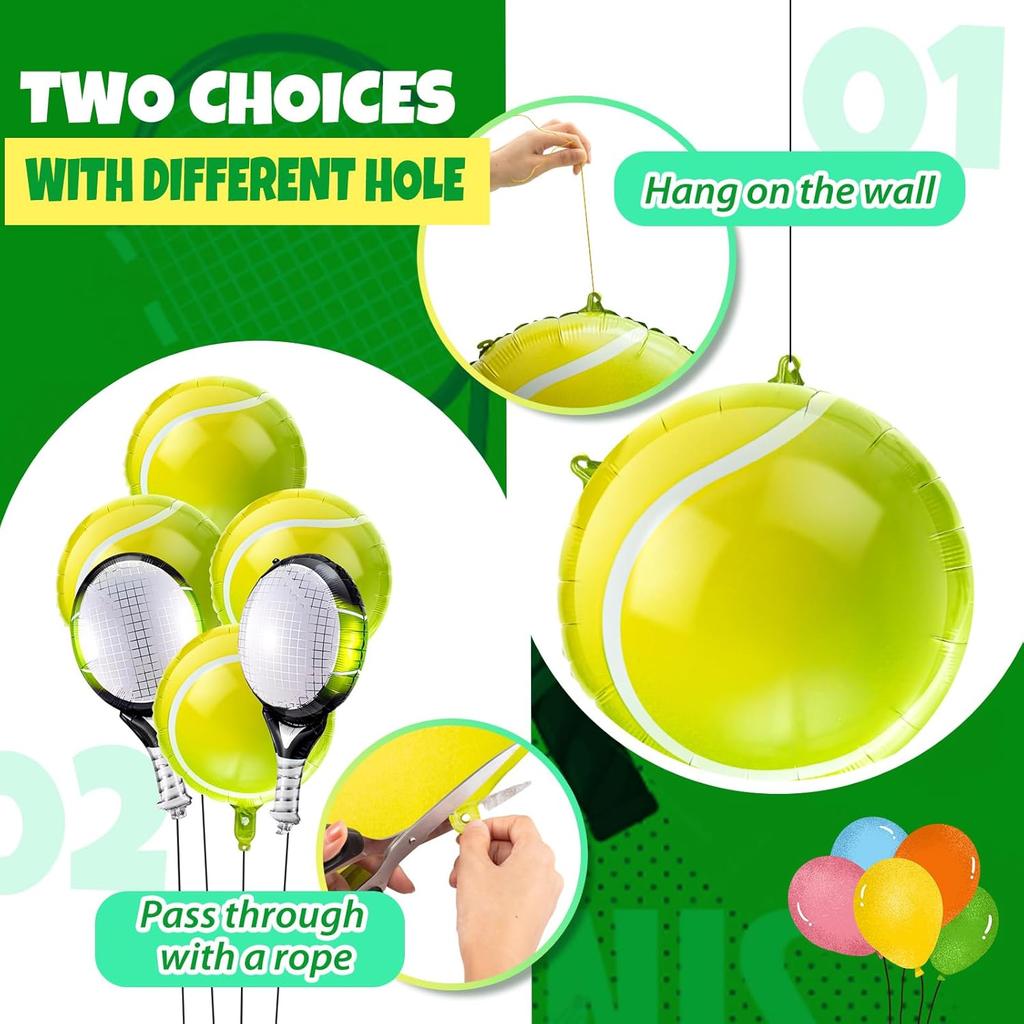 12 Pieces Tennis Party Balloons Green, Foil Tennis Racket Balloon for Men Women Sports Themed Birthday Party Decorations Supplies