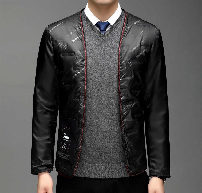 Men's Mid-Length Thickened Lapel Windbreaker with Removable White Duck Down Liner.