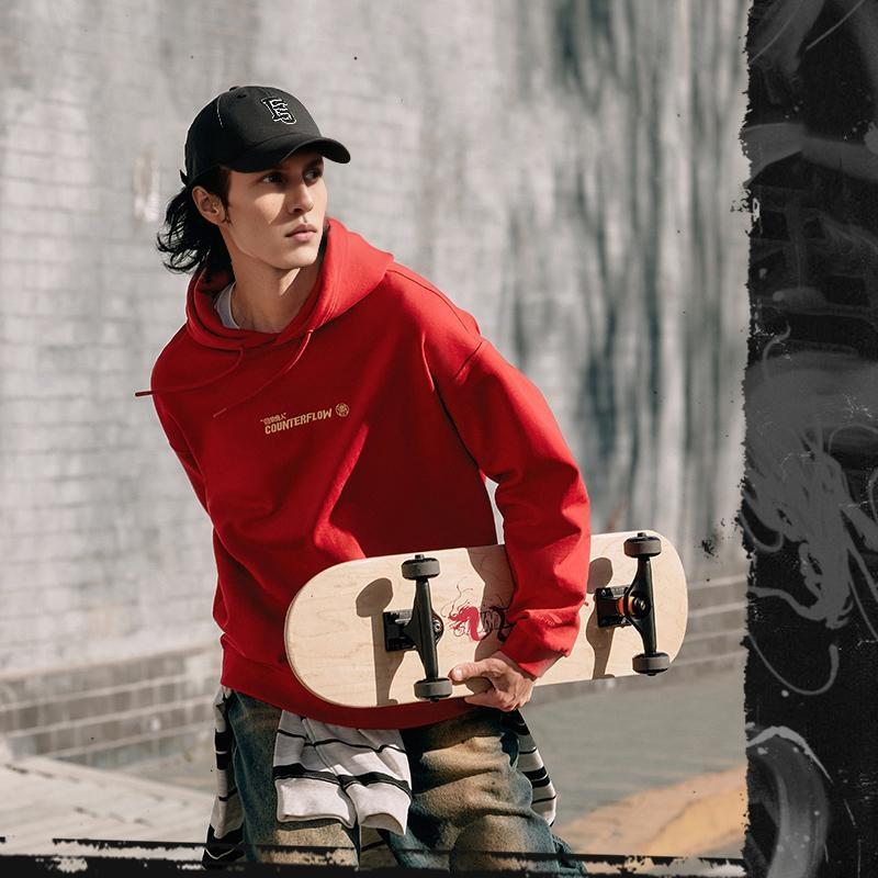 Li-Ning Dragon Descendant Pattern Printed Pullover Hoodie Long Sleeve Knit Sports Sweatshirt Men sweatshirt Agate-Red AWDU811-3