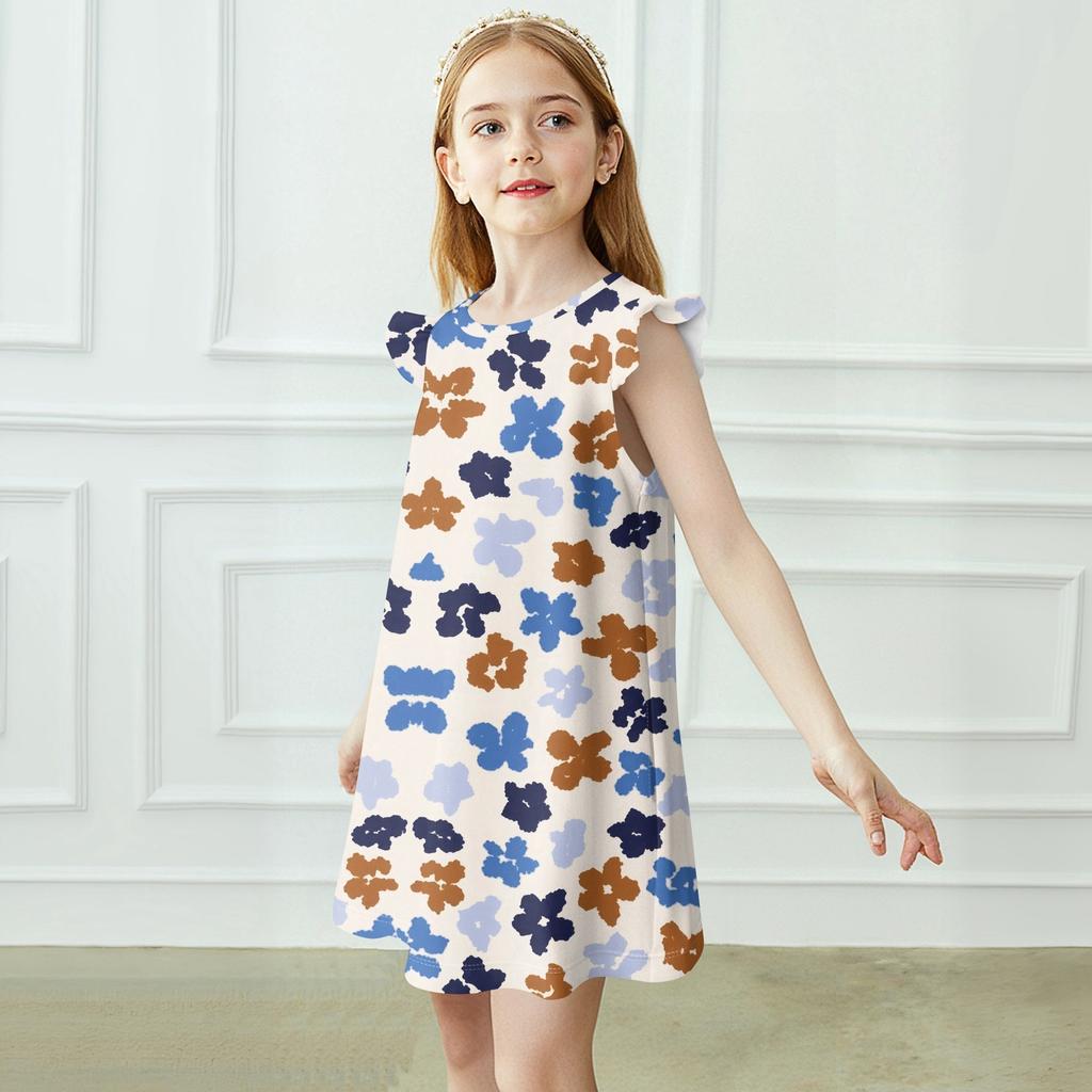 Children's Flying Sleeve Round Neck Summer A-Line Casual Holiday Floral Print Loose Dress