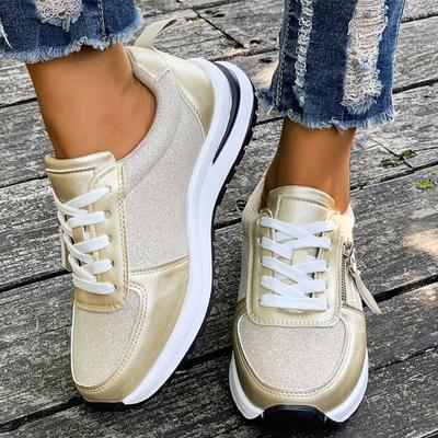 Modische lässige Schnür-Plateau-Sneakers für Damen Herbst 2025 Einfarbig Übergröße Schuhe Frau Rutschfest Reißverschluss Damen Sportschuhe