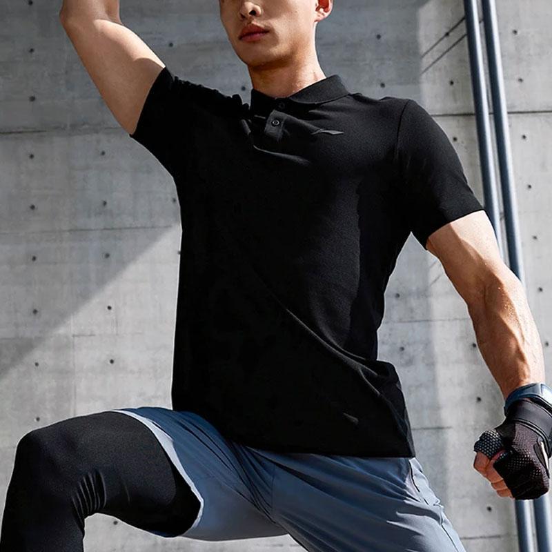 Li Ning Fitness Series Solid Color Casual Durable Short Sleeve Polo Shirt Men Tops Black APLU117-1