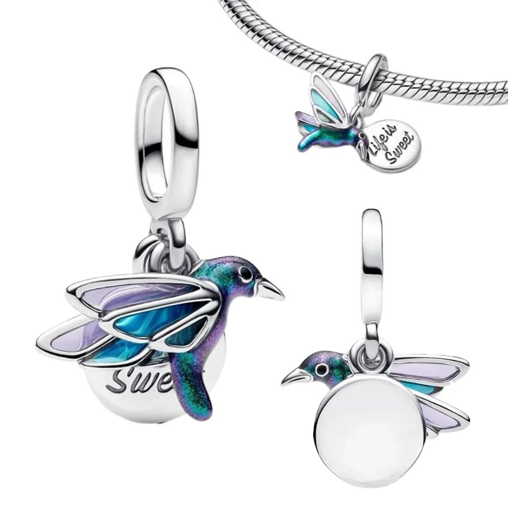 925 Silver Pink Blossom Dangle Charm Butterfly Heart Flower Rose Bird Bead For DIY Necklace Bracelet Fine Jewellery