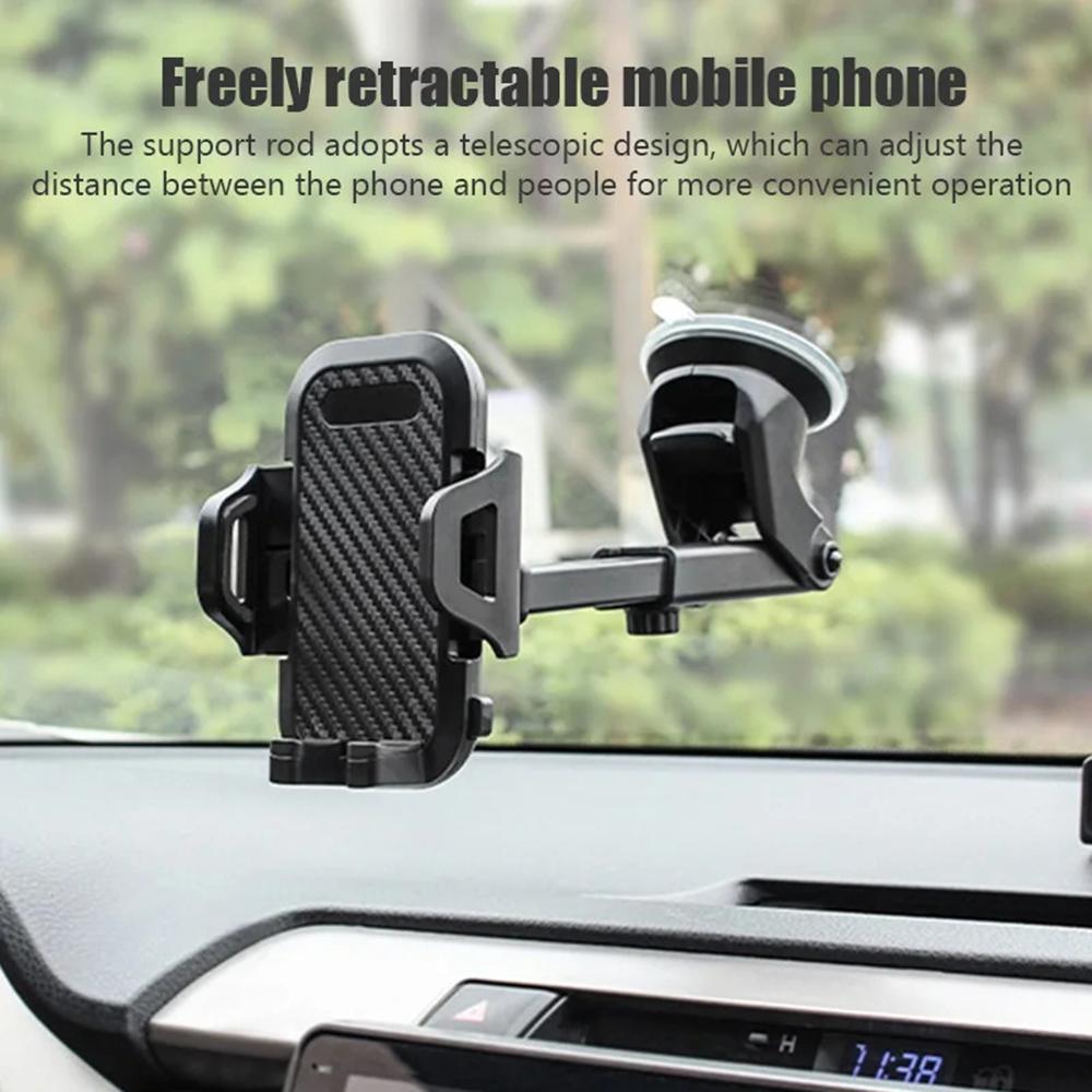 Car Dashboard Windshield Suction Cup Phone Holder Carbon Fiber Texture Extendable Rod Cellphone Bracket