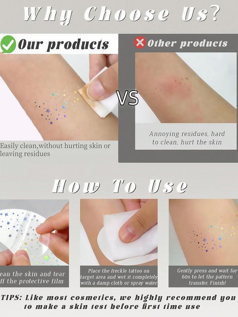 12/6 Stück Glitzer Sommersprossen Gesichtstattoo Temporäre Fake Sternen-Sommersprossen Aufkleber Make-up Patches für DIY Y2K Musikfestival Make-up