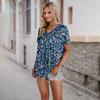 Women's Casual V-Neck Short Sleeve Chest Ruffle Printed Top