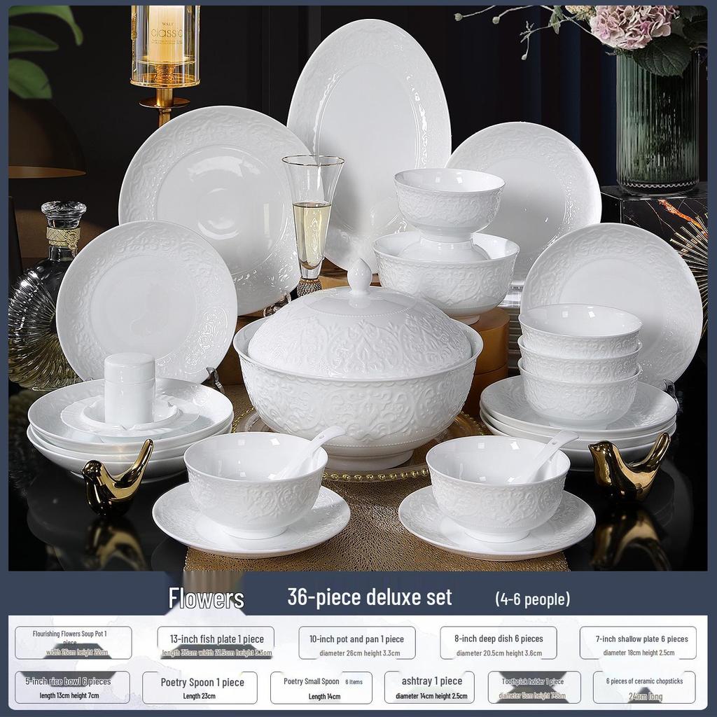 High-End Light Luxury Relief Porcelain Dinnerware Set - Simple White Design