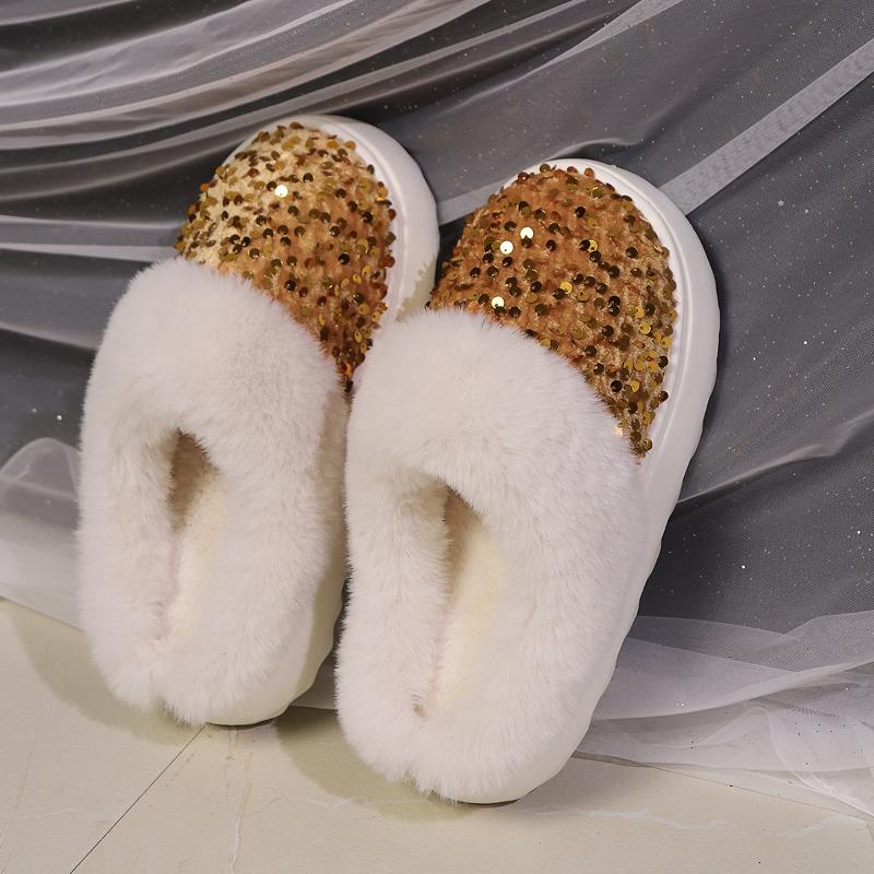Cotton Slippers with Girly Glitter, Wide Fuzzy Collar, Plush-Topped, Warm Home Cotton Slippers