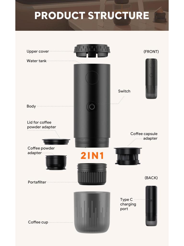 New Portable Wireless Heated Espresso Machine - Fully Automatic for Capsule and Ground Coffee
