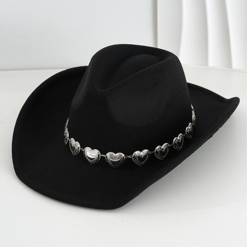 European, American and Western Cowboy Hat Top Hat Simple Versatile Metal Hollow Love Heart Hat Chain Hip Hop Punk