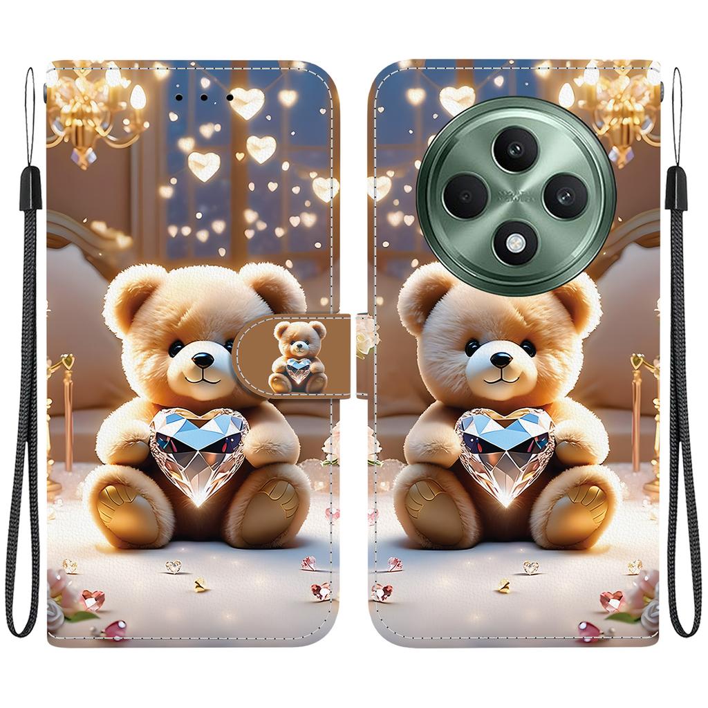 Ręcznie robione etui z klapką z PU skóry dla Oppo Reno12 F (5G/CPH2637) Antypoślizgowe Wstrząsoodporne Etui z Paskiem na Nadgarstek i Wzorami Kota/Róży/Serca