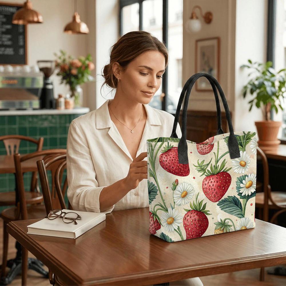 Strawberry Daisy Print Tote Bag Casual Large Capacity Daily Shopping Shoulder Bag for Women