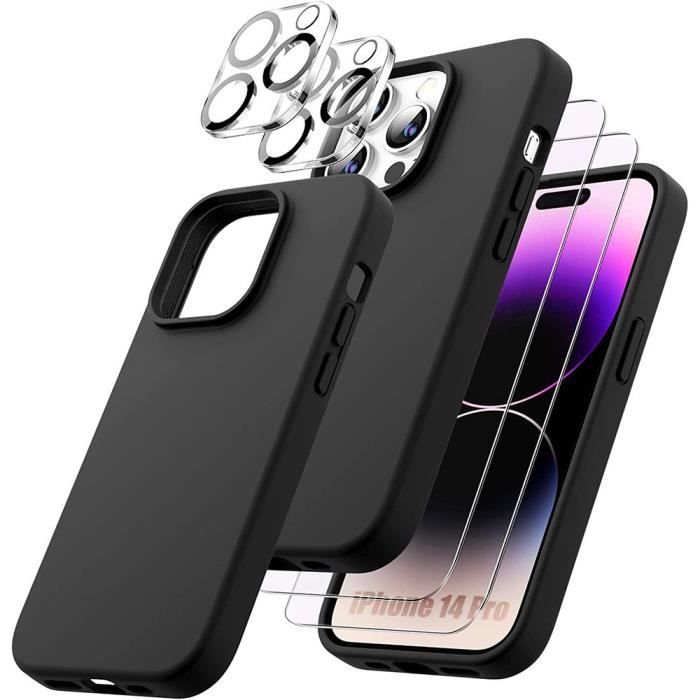Coque de protection - BOOLING - pour iPhone 14 Pro - Silicone Noir - 2 Verres Trempés - Antidérapante