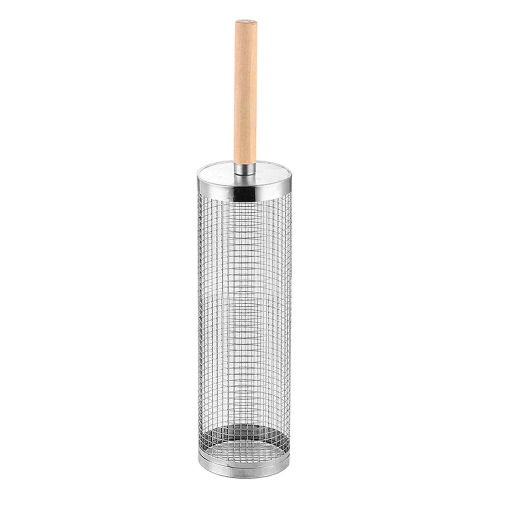 Panier à Grillades Rond Rotatif Portable d'Extérieur avec Poignée en Bois Maille d'Acier Inoxydable Outil de Cuisson Barbecue pour Camping Pique-nique