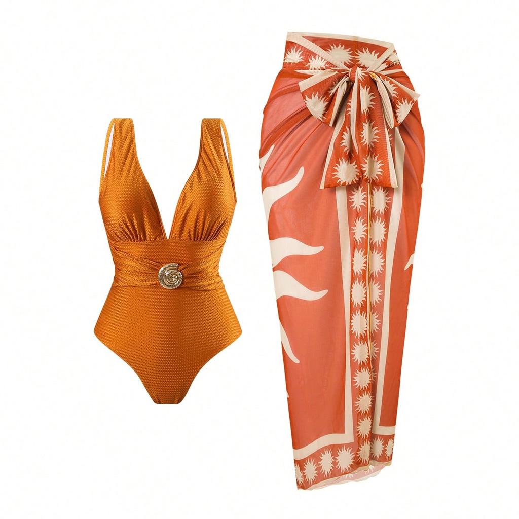 Deep Brown One-Piece Swimsuit with Sheer Wrap Skirt, V-Neck, Bow Detail