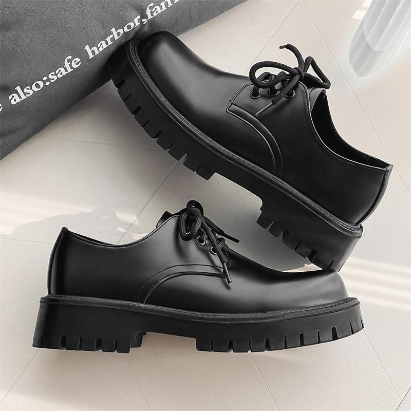 Men's shoes spring leather shoes British style platform black round head business casual shoes men's youth tide shoes 2112-J