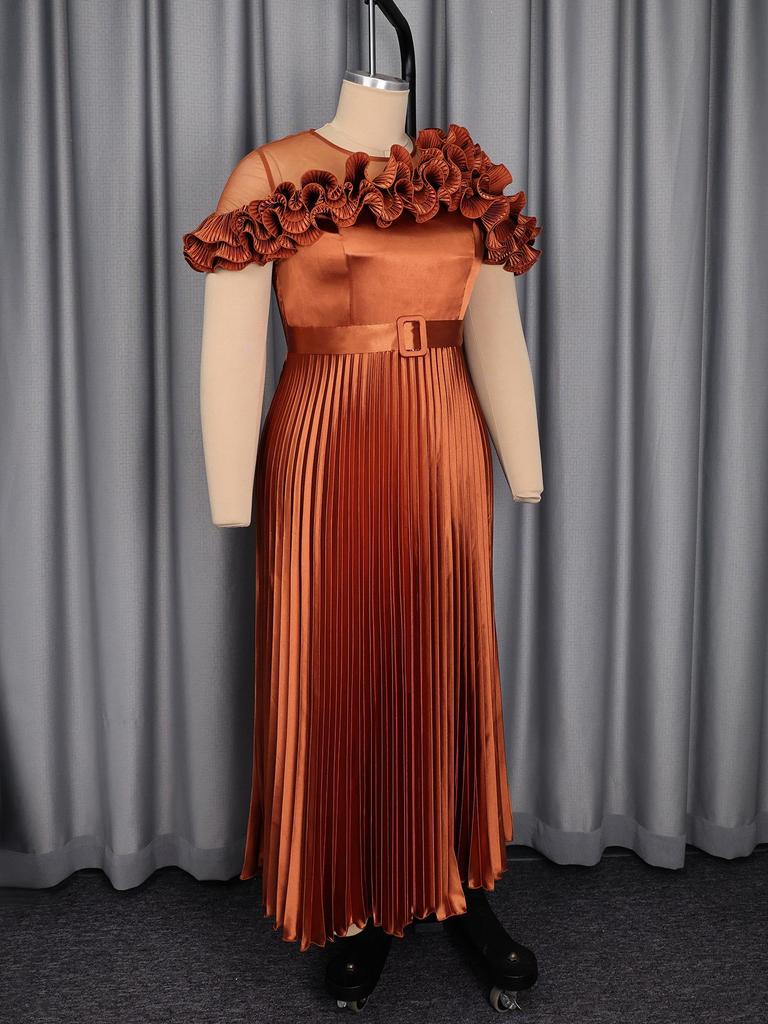 Plus Size Women's Ruffle Hem Mesh Patchwork Dress with Pleated Waist-Cinched Skirt - Elegant High-End Banquet Gown