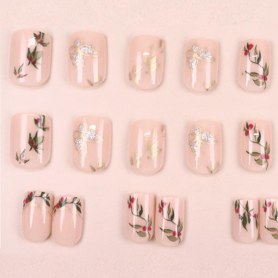 24 Stück Nationaler Stil Akazie Rote Bohne Aufsteck-Nagelkunst Nagel-Folie Nagel-Folie Kurz Frisch Falscher Nagel 24 Stück Aufsteck-Nagel