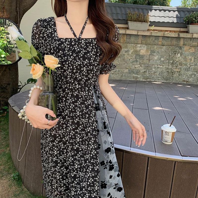 Women's Plus Size Floral Midi Dress, French Retro Style with Mesh Spliced Skirt